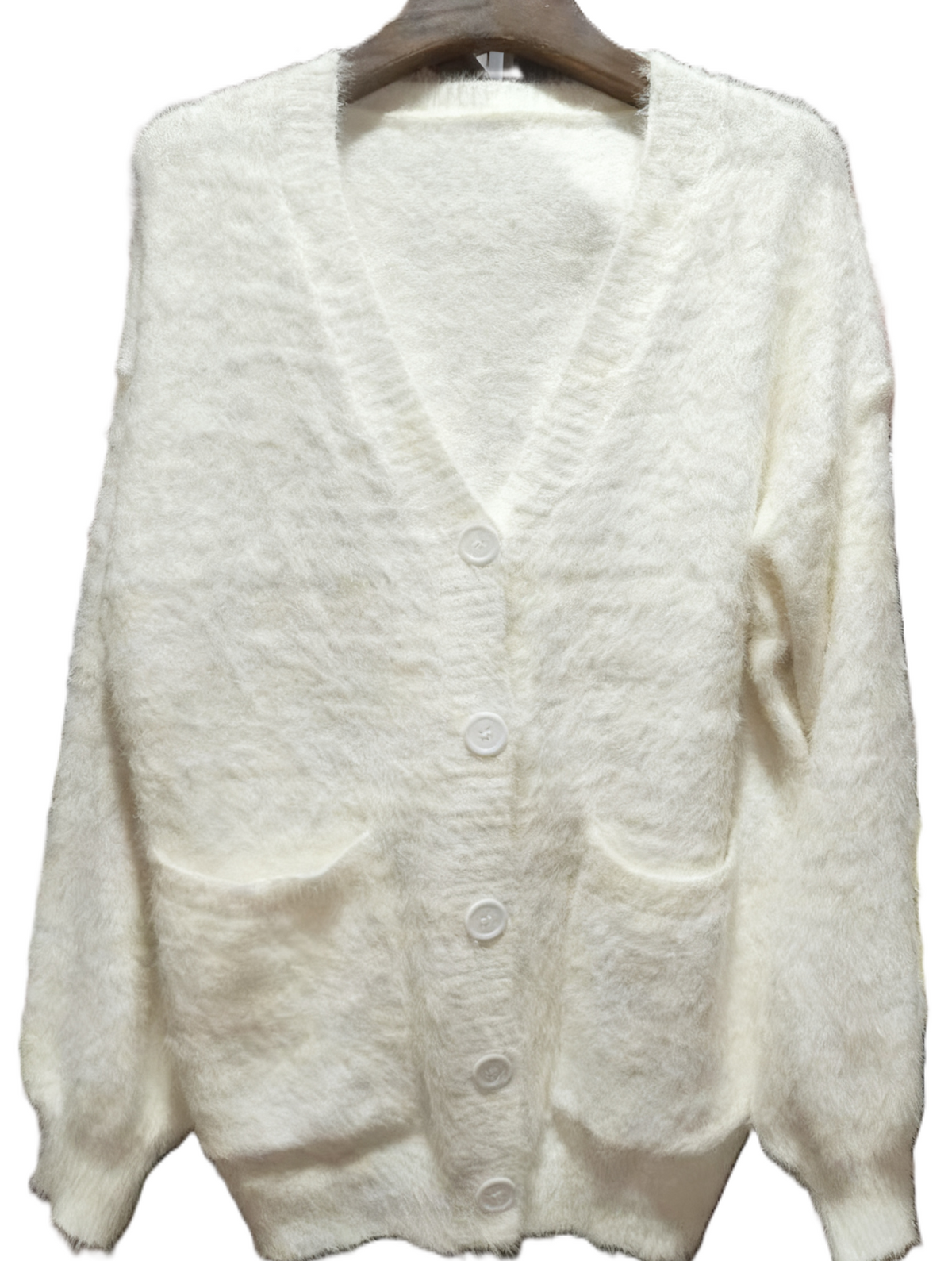 Fuzzy Button Front V Neck Knit Cardigan - White
