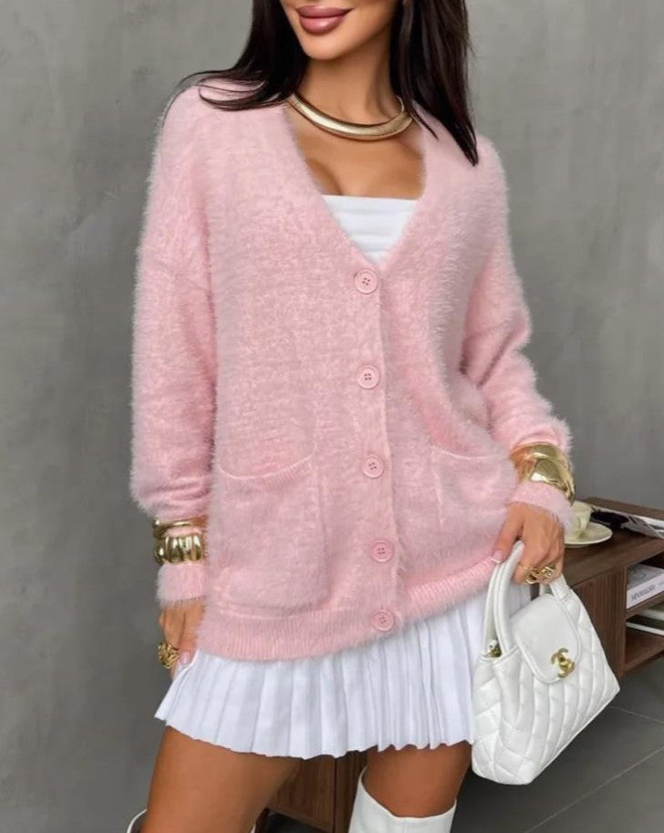 Fuzzy Button Front V Neck Knit Cardigan