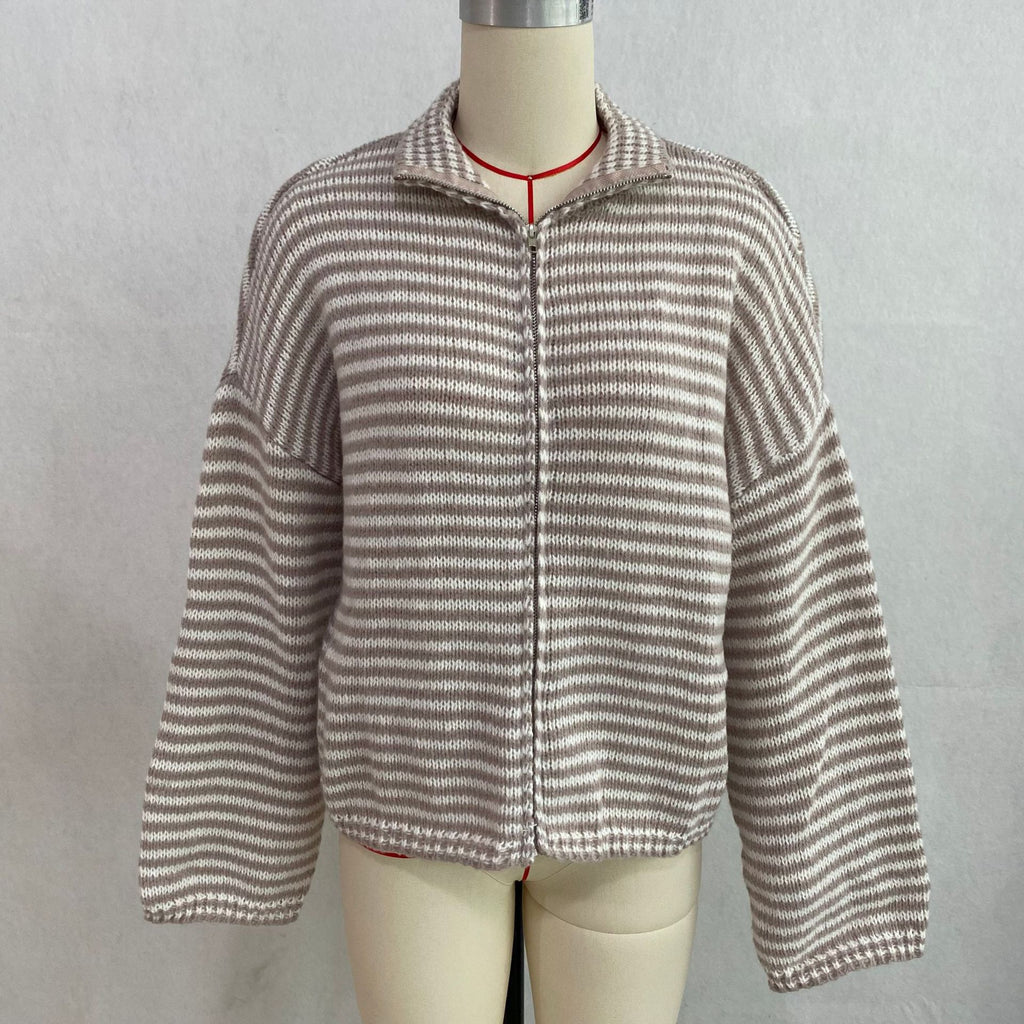 Striped Mock Neck Zip Front Knit Sweater - Beige