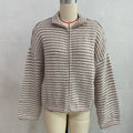 Striped Mock Neck Zip Front Knit Sweater - Beige