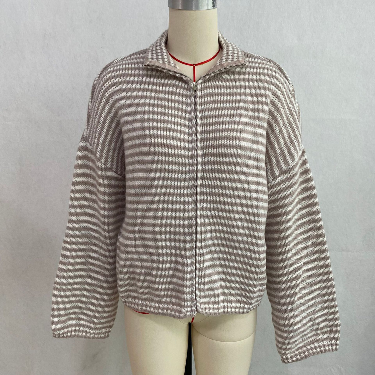 Striped Mock Neck Zip Front Knit Sweater - Beige