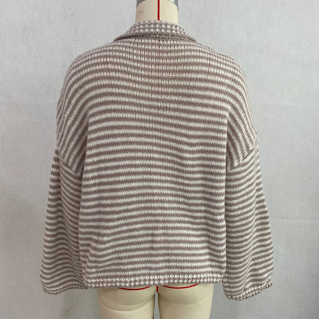 Striped Mock Neck Zip Front Knit Sweater - Beige - 1