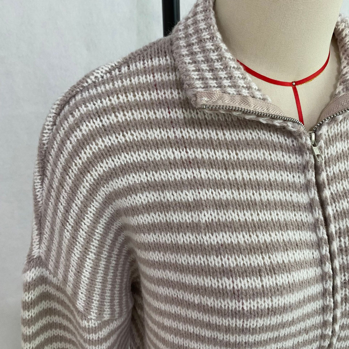Striped Mock Neck Zip Front Knit Sweater - Beige - 2