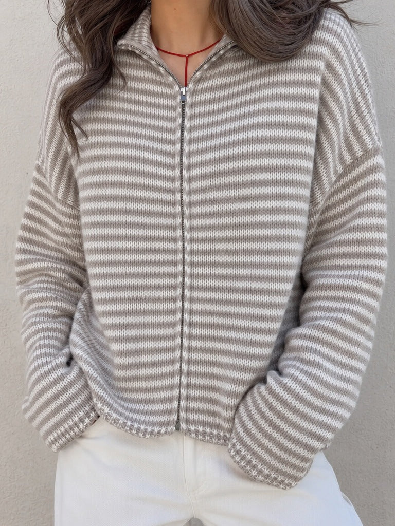 Striped Mock Neck Zip Front Knit Sweater - Beige - 4