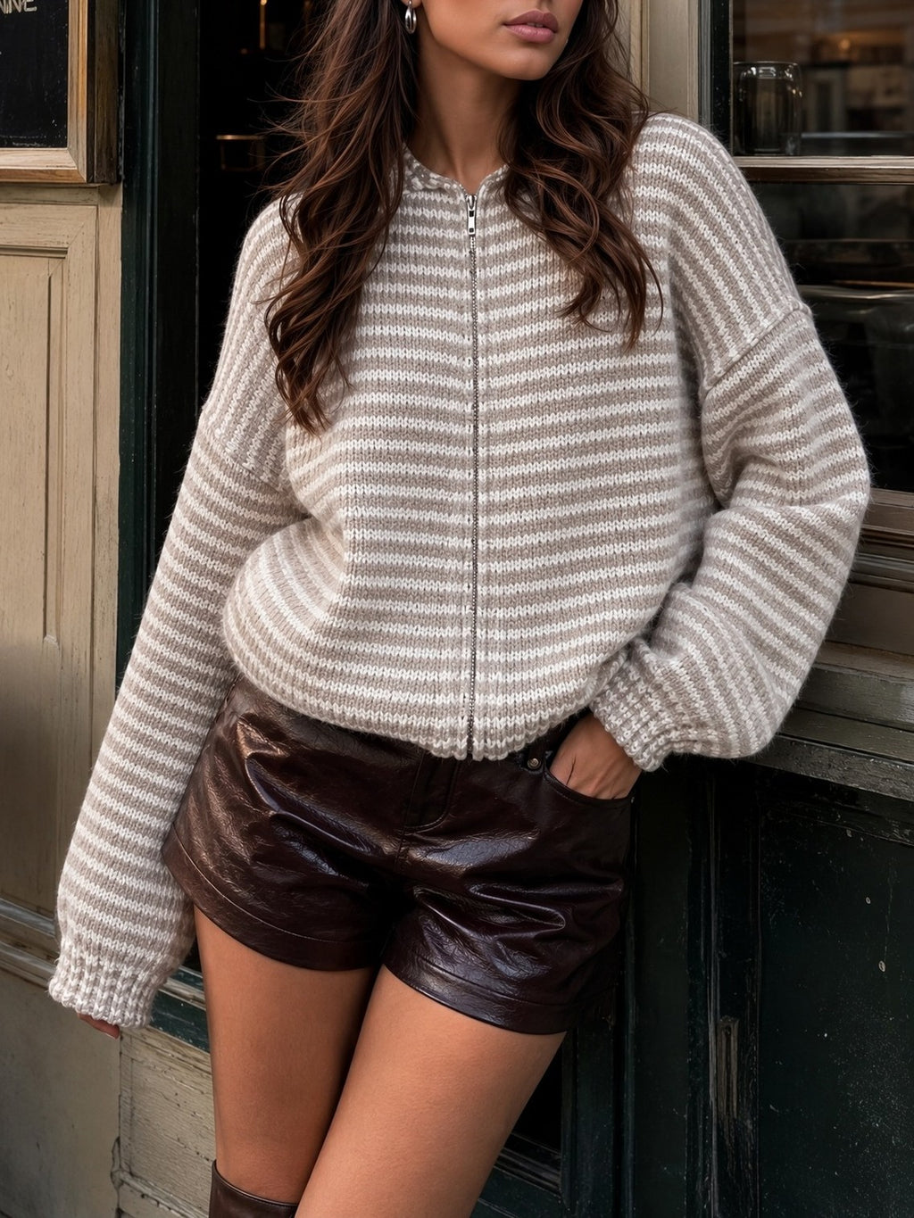 Striped Mock Neck Zip Front Knit Sweater - Beige - 6