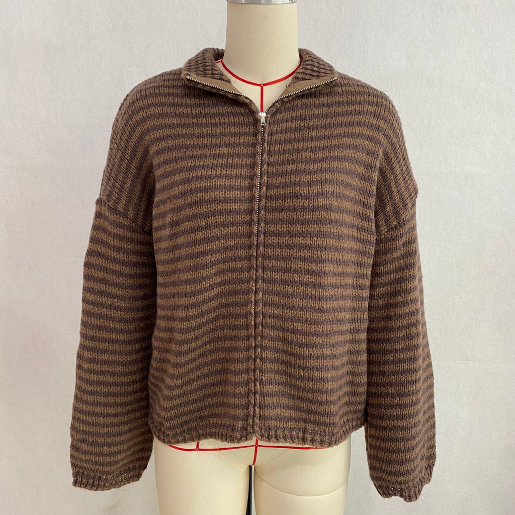 Striped Mock Neck Zip Front Knit Sweater - Brown - 1