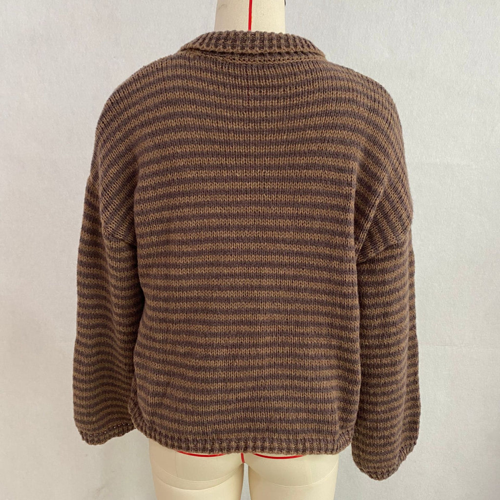 Striped Mock Neck Zip Front Knit Sweater - Brown - 2