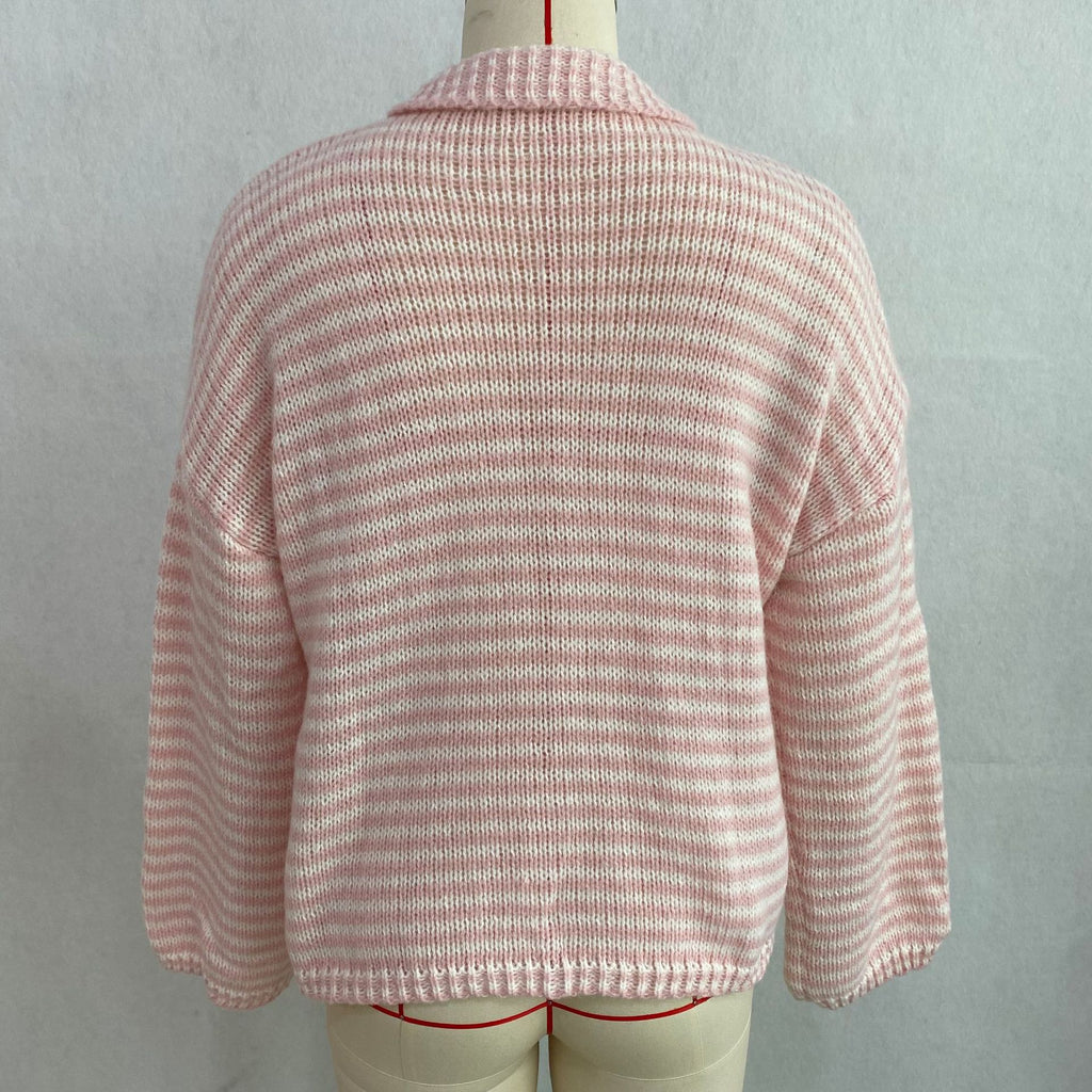 Striped Mock Neck Zip Front Knit Sweater - Pink - 1