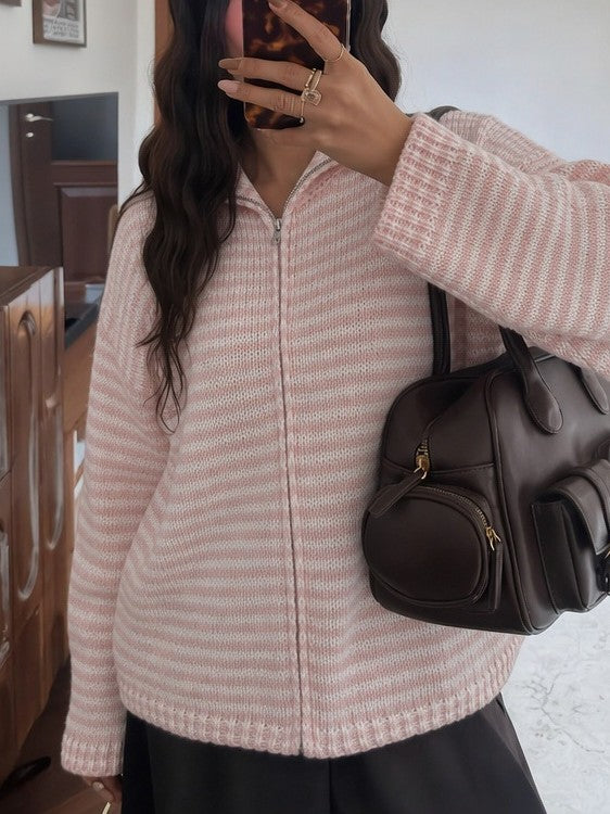 Striped Mock Neck Zip Front Knit Sweater - Pink - 2