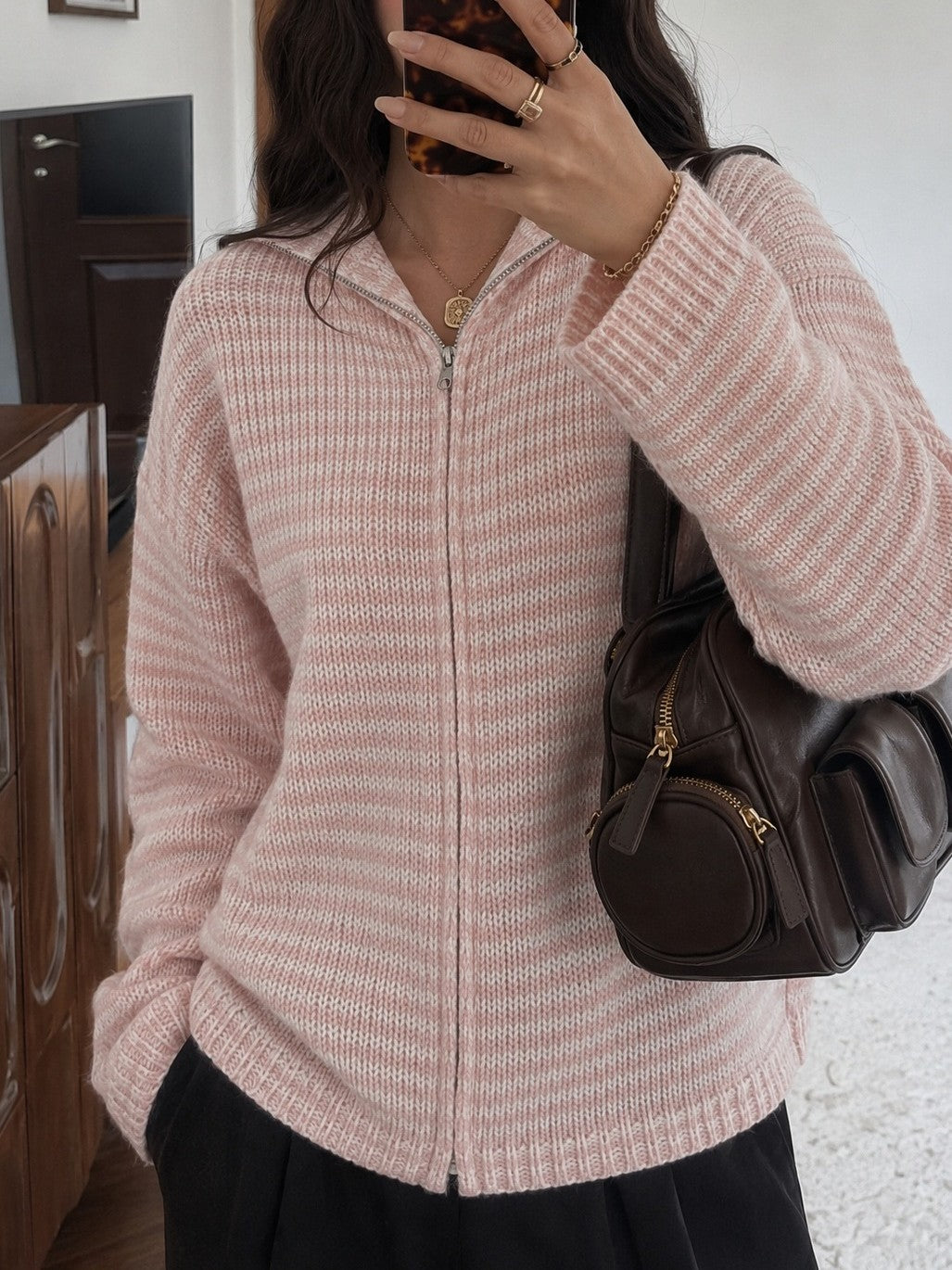 Striped Mock Neck Zip Front Knit Sweater - Pink - 4