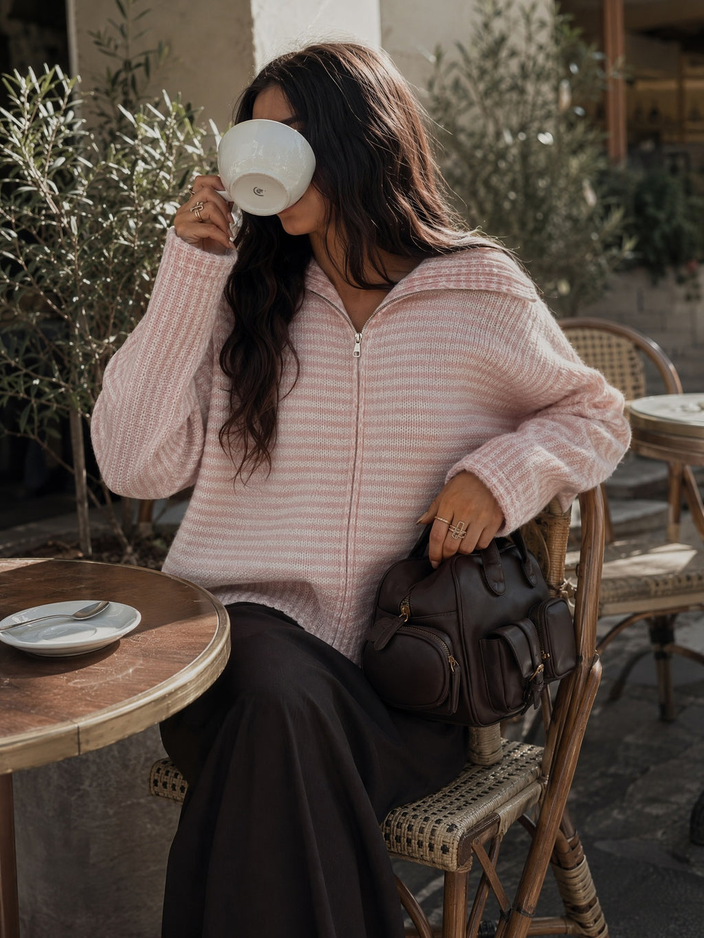 Striped Mock Neck Zip Front Knit Sweater - Pink - 5