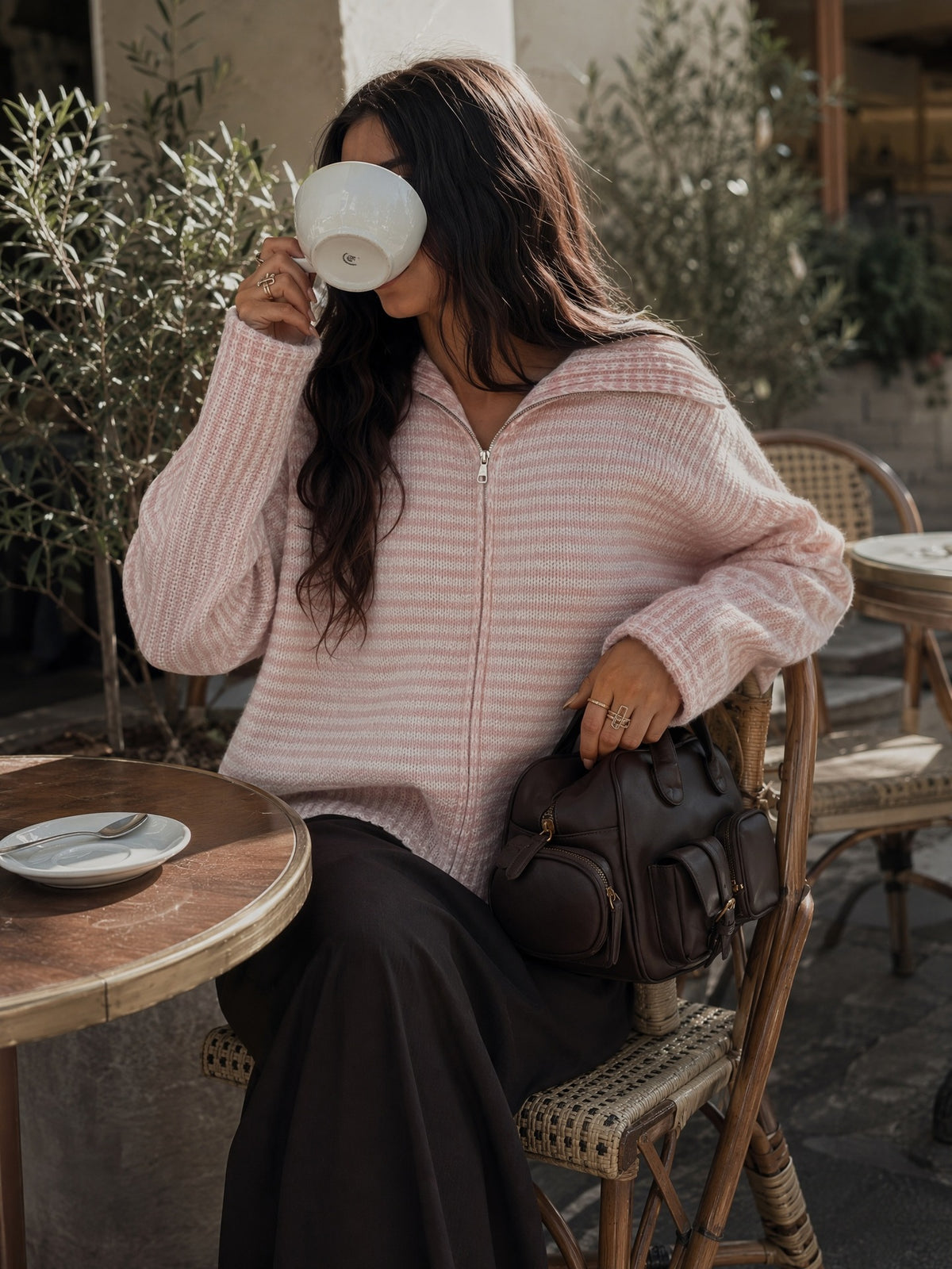 Striped Mock Neck Zip Front Knit Sweater - Pink - 5