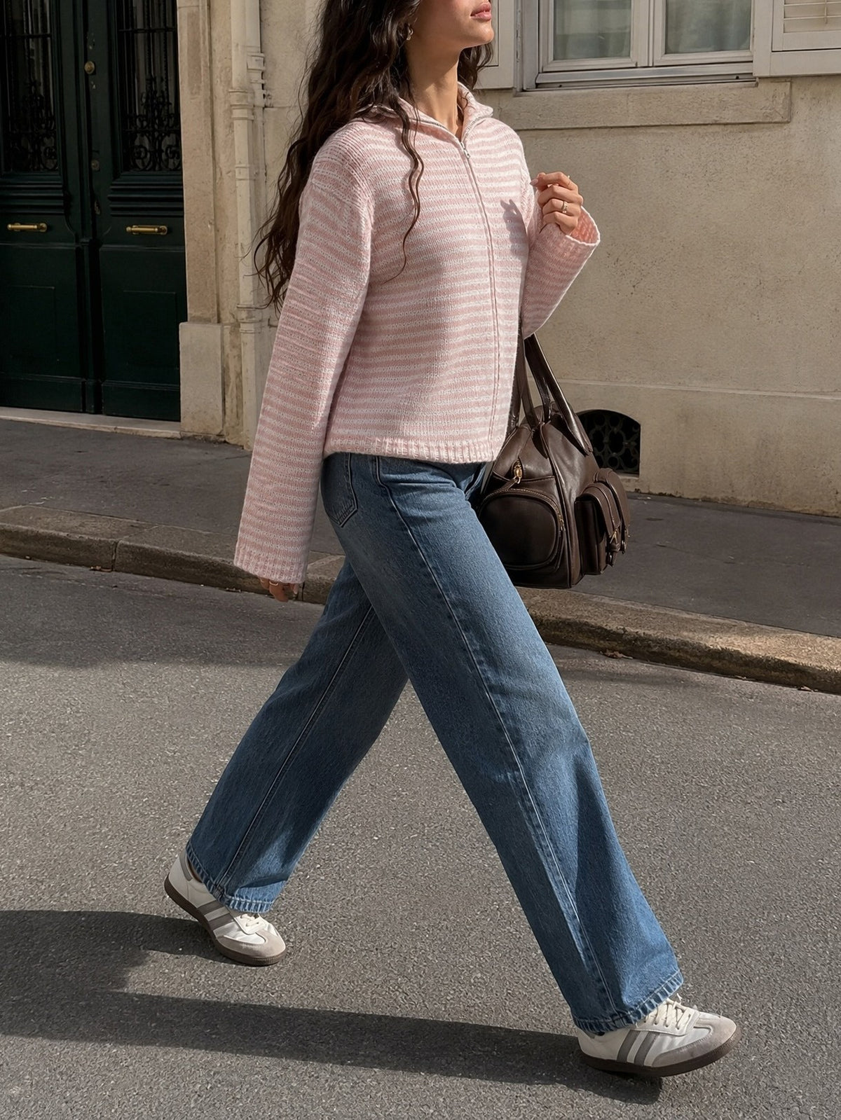 Striped Mock Neck Zip Front Knit Sweater - Pink - 6
