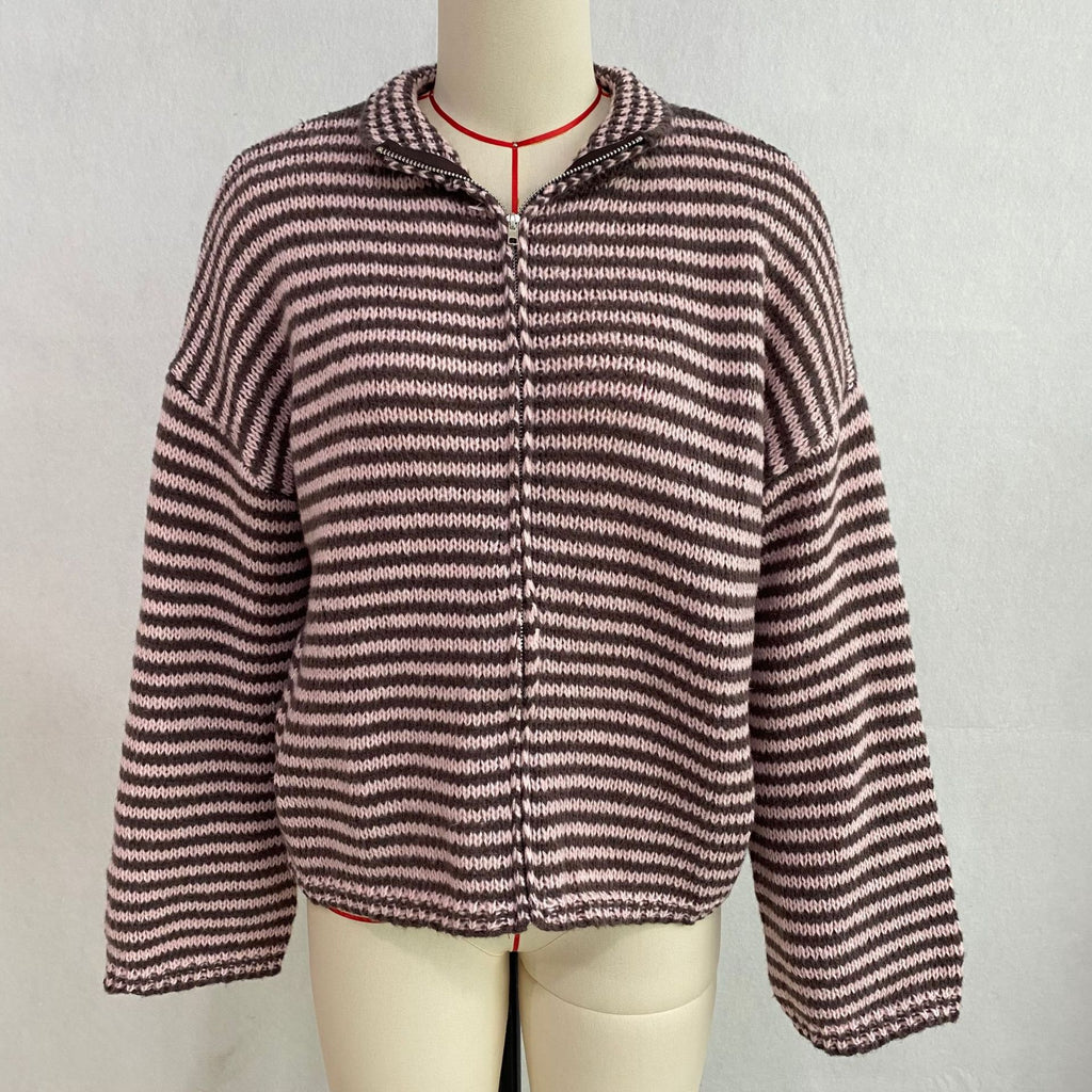 Striped Mock Neck Zip Front Knit Sweater - Purple