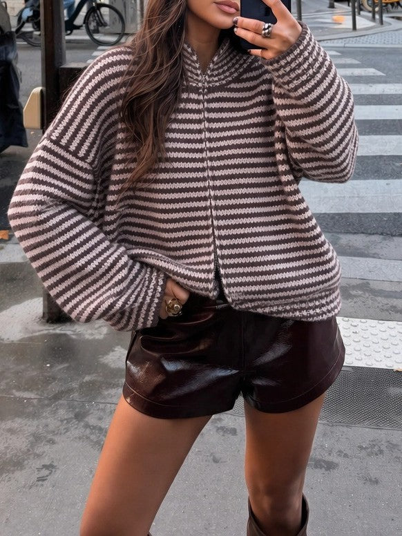 Striped Mock Neck Zip Front Knit Sweater - Purple - 2