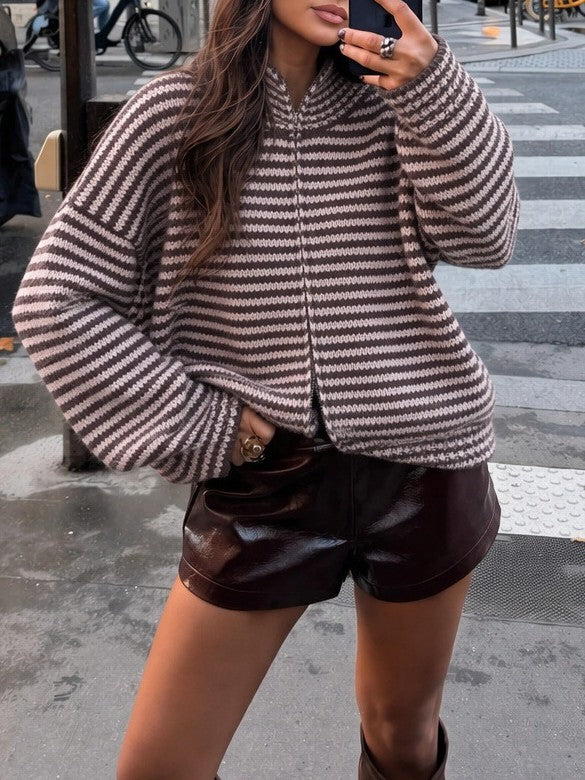 Striped Mock Neck Zip Front Knit Sweater - Purple - 4