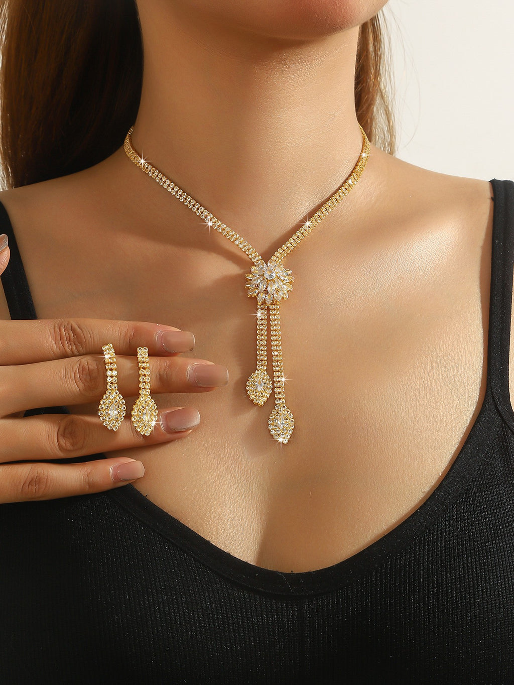Rhinestone Flower Lariat Necklace And Earring Set - Gold 2-Piece