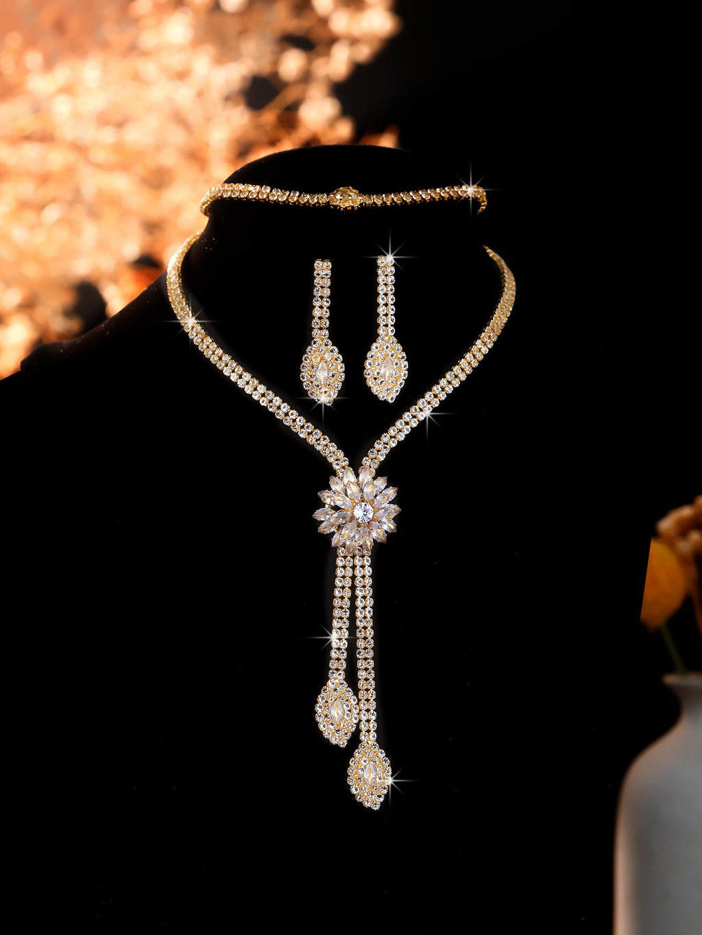 Rhinestone Flower Lariat Necklace And Earring Set - Gold 3-Piece