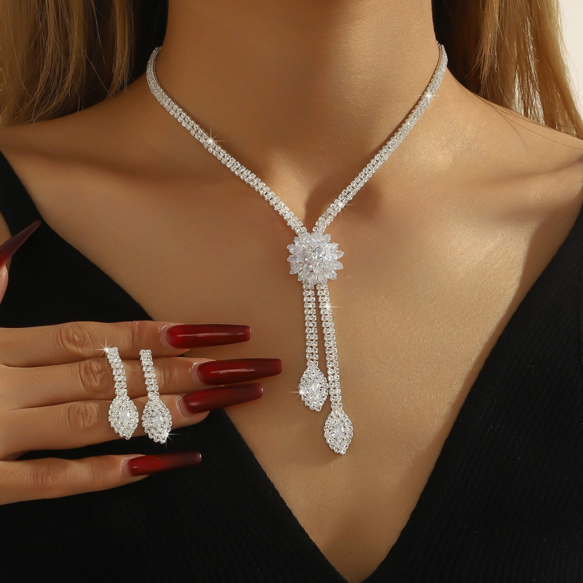 Rhinestone Flower Lariat Necklace And Earring Set