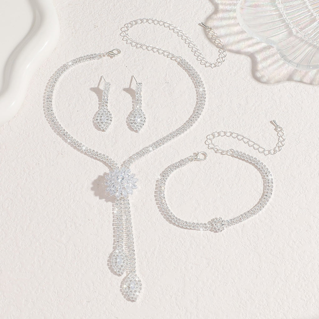 Rhinestone Flower Lariat Necklace And Earring Set