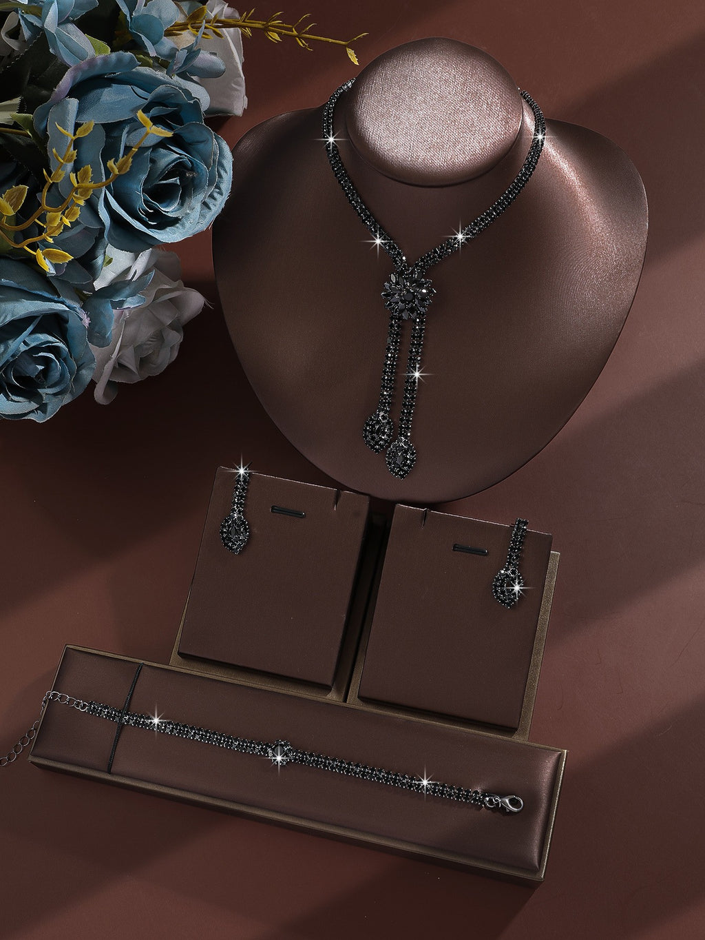 Rhinestone Flower Lariat Necklace And Earring Set