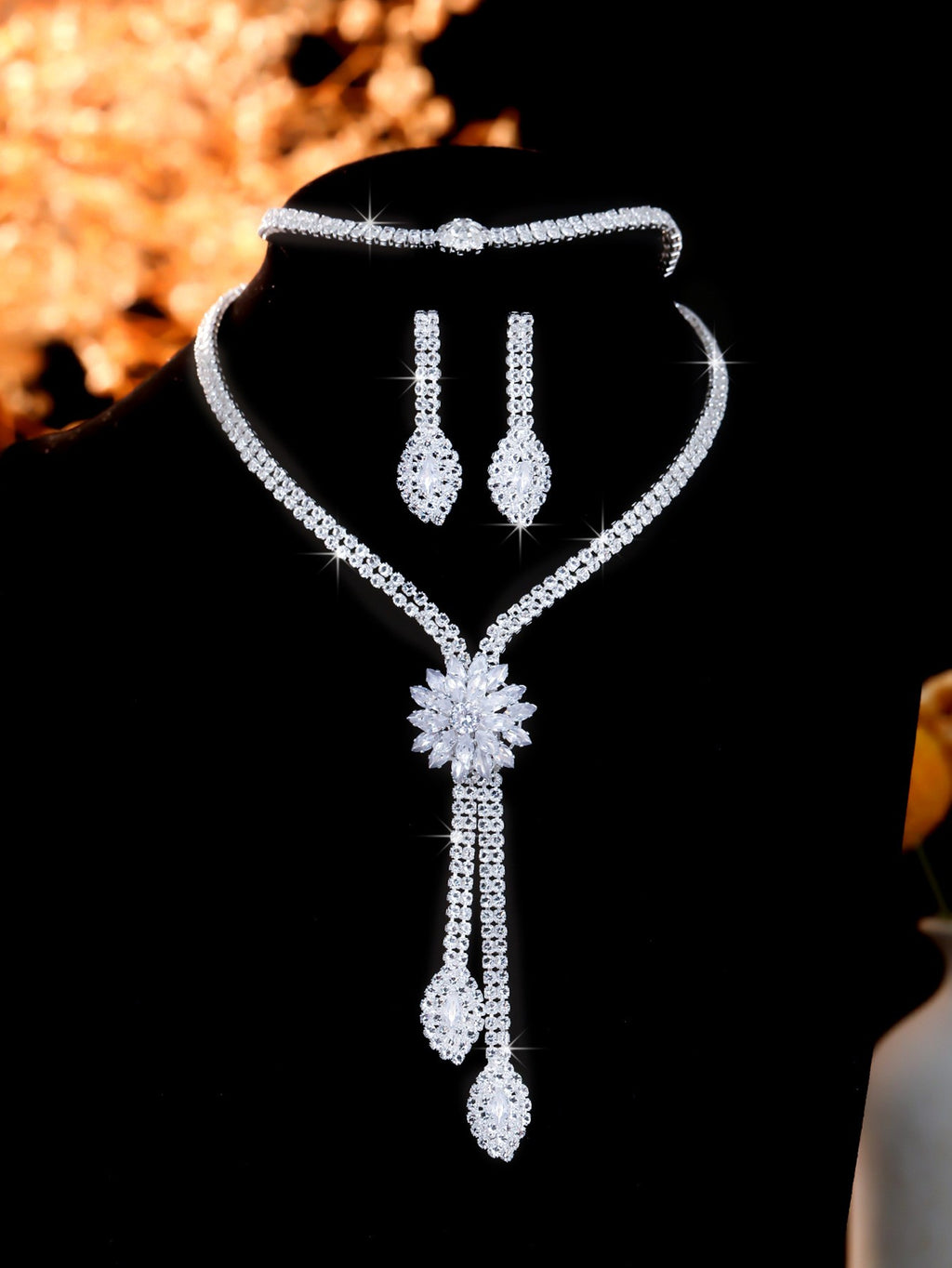 Rhinestone Flower Lariat Necklace And Earring Set