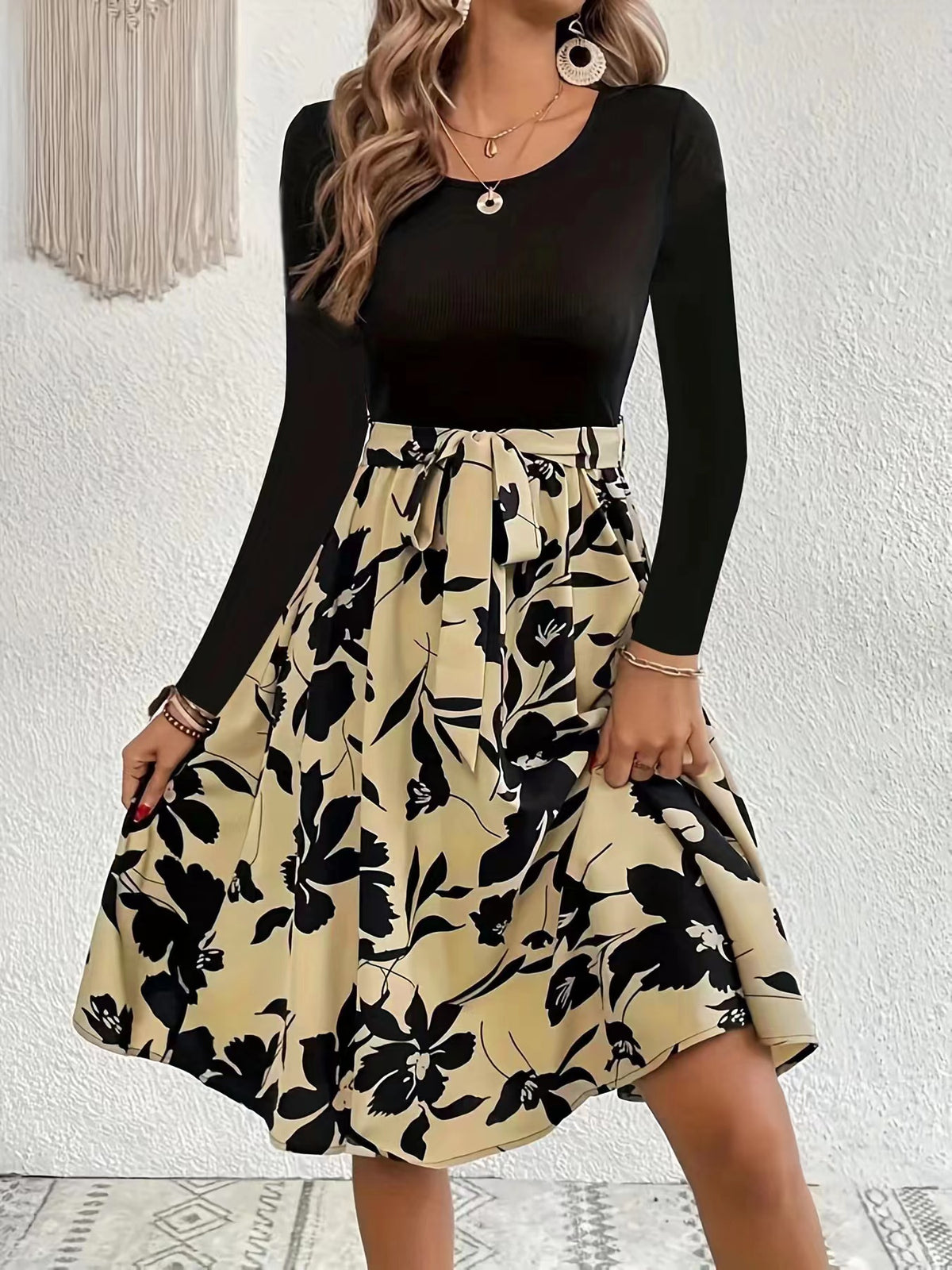 Floral Skirt Long Sleeve Flared Midi Dress - Khaki