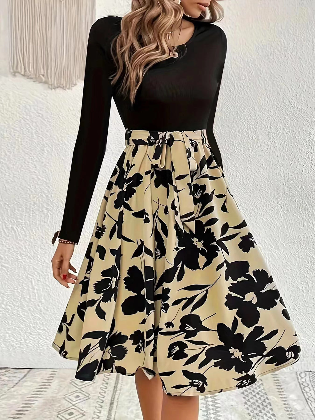 Floral Skirt Long Sleeve Flared Midi Dress - Khaki - 1