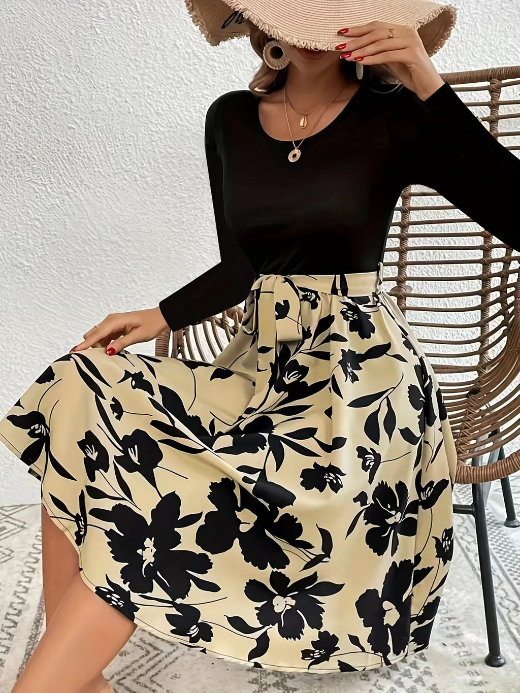 Floral Skirt Long Sleeve Flared Midi Dress - Khaki - 2