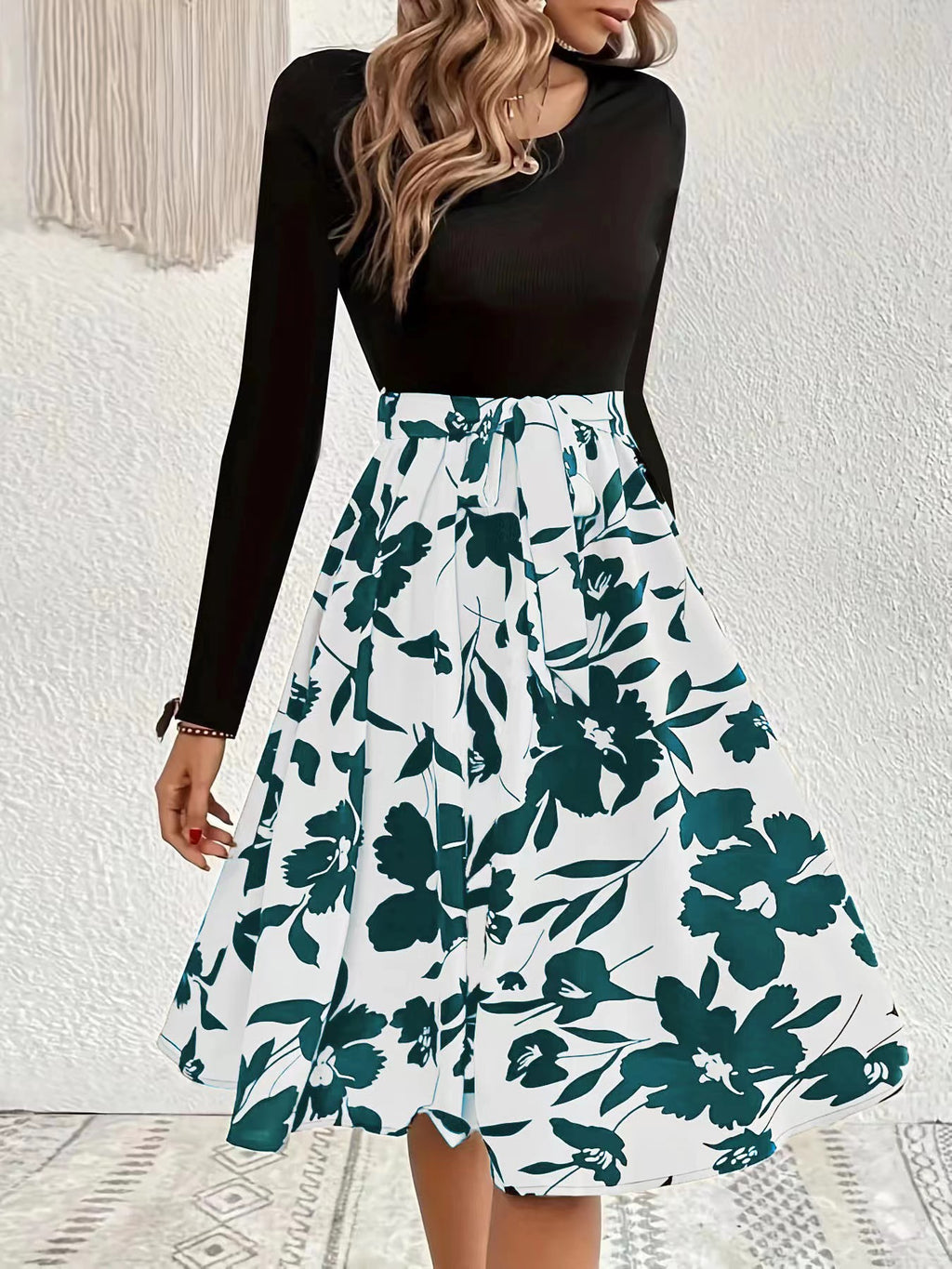 Floral Skirt Long Sleeve Flared Midi Dress - White