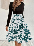 Floral Skirt Long Sleeve Flared Midi Dress - White
