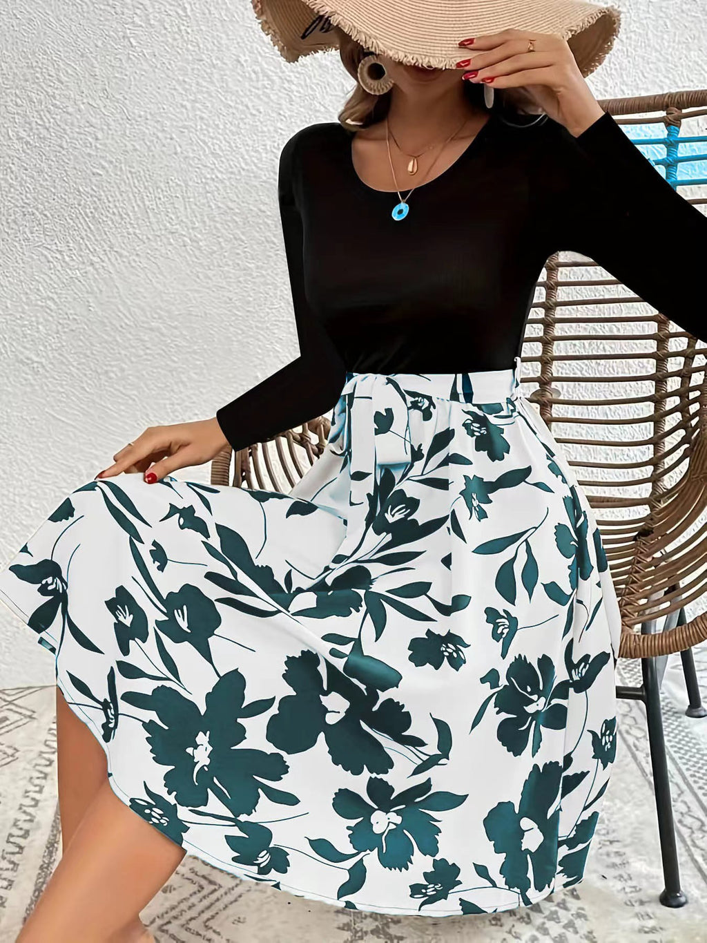 Floral Skirt Long Sleeve Flared Midi Dress - White - 1