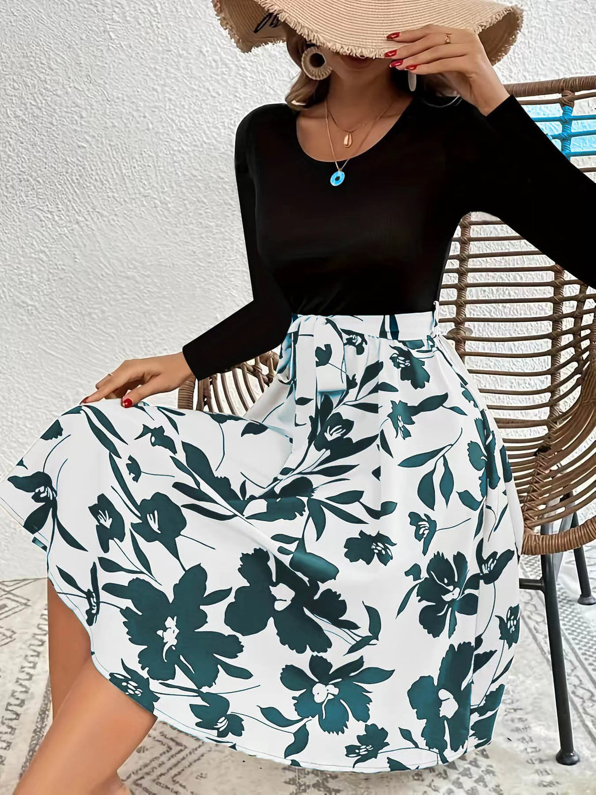 Floral Skirt Long Sleeve Flared Midi Dress - White - 1