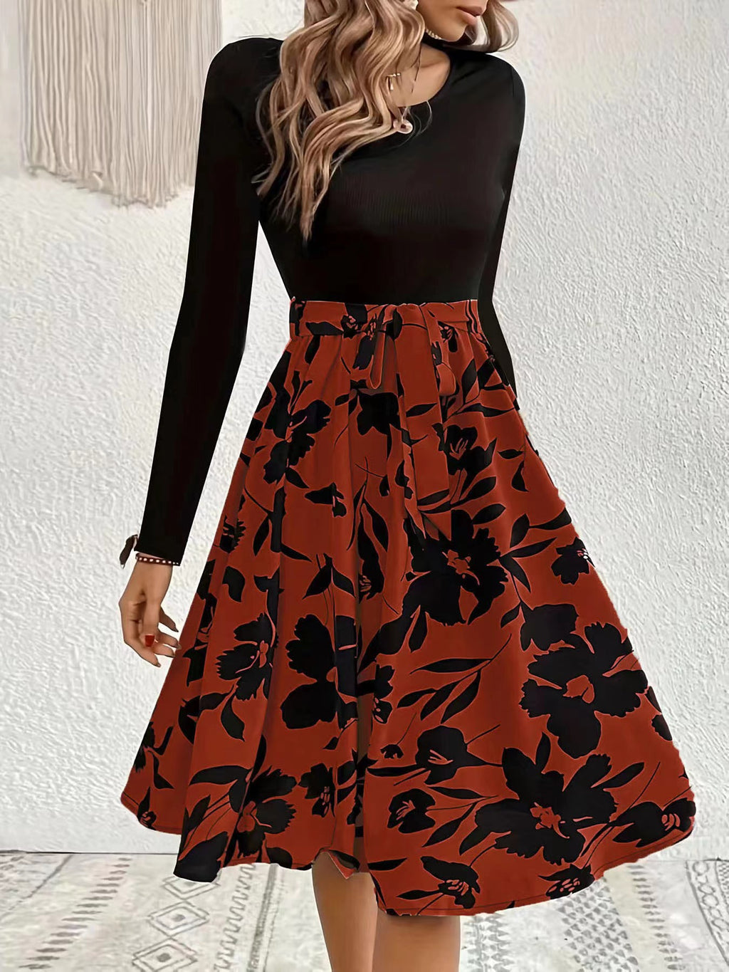 Floral Skirt Long Sleeve Flared Midi Dress - WineRed