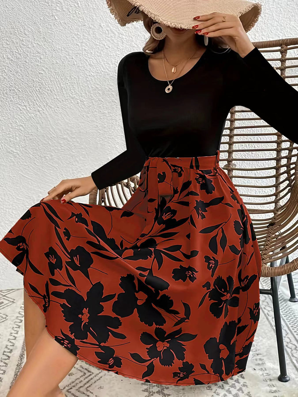 Floral Skirt Long Sleeve Flared Midi Dress - WineRed - 1