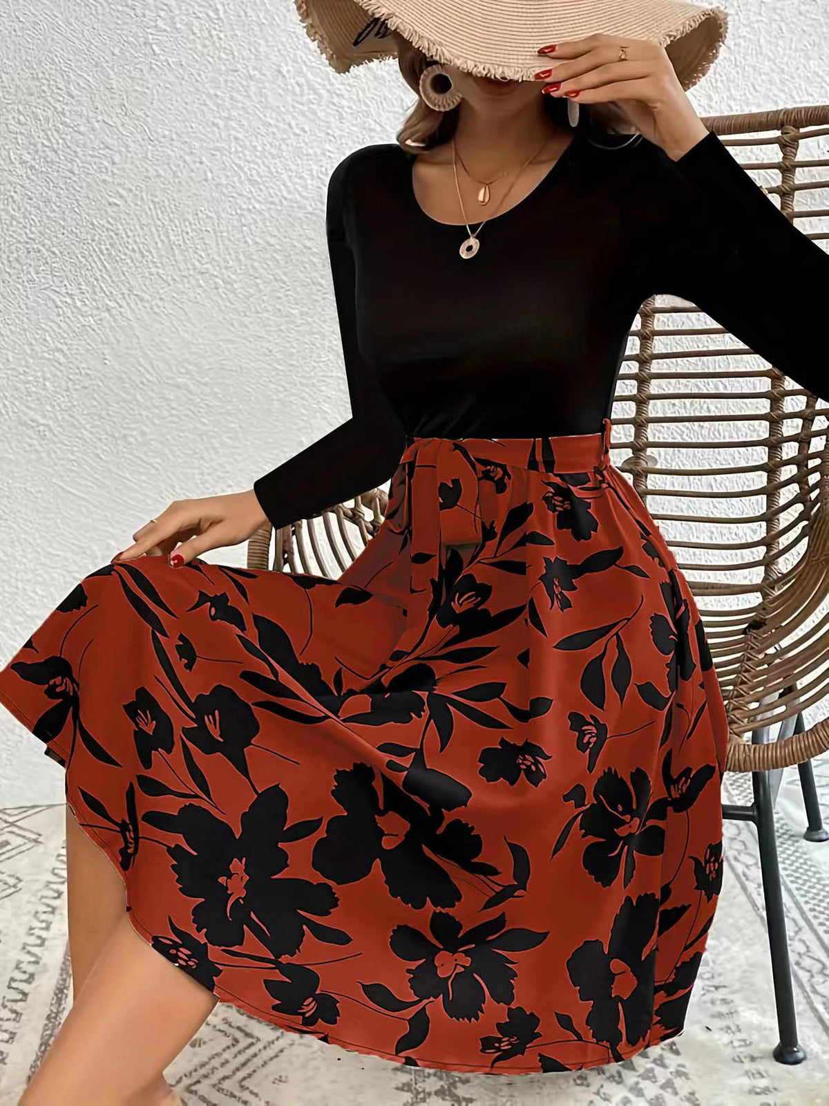 Floral Skirt Long Sleeve Flared Midi Dress - WineRed - 1