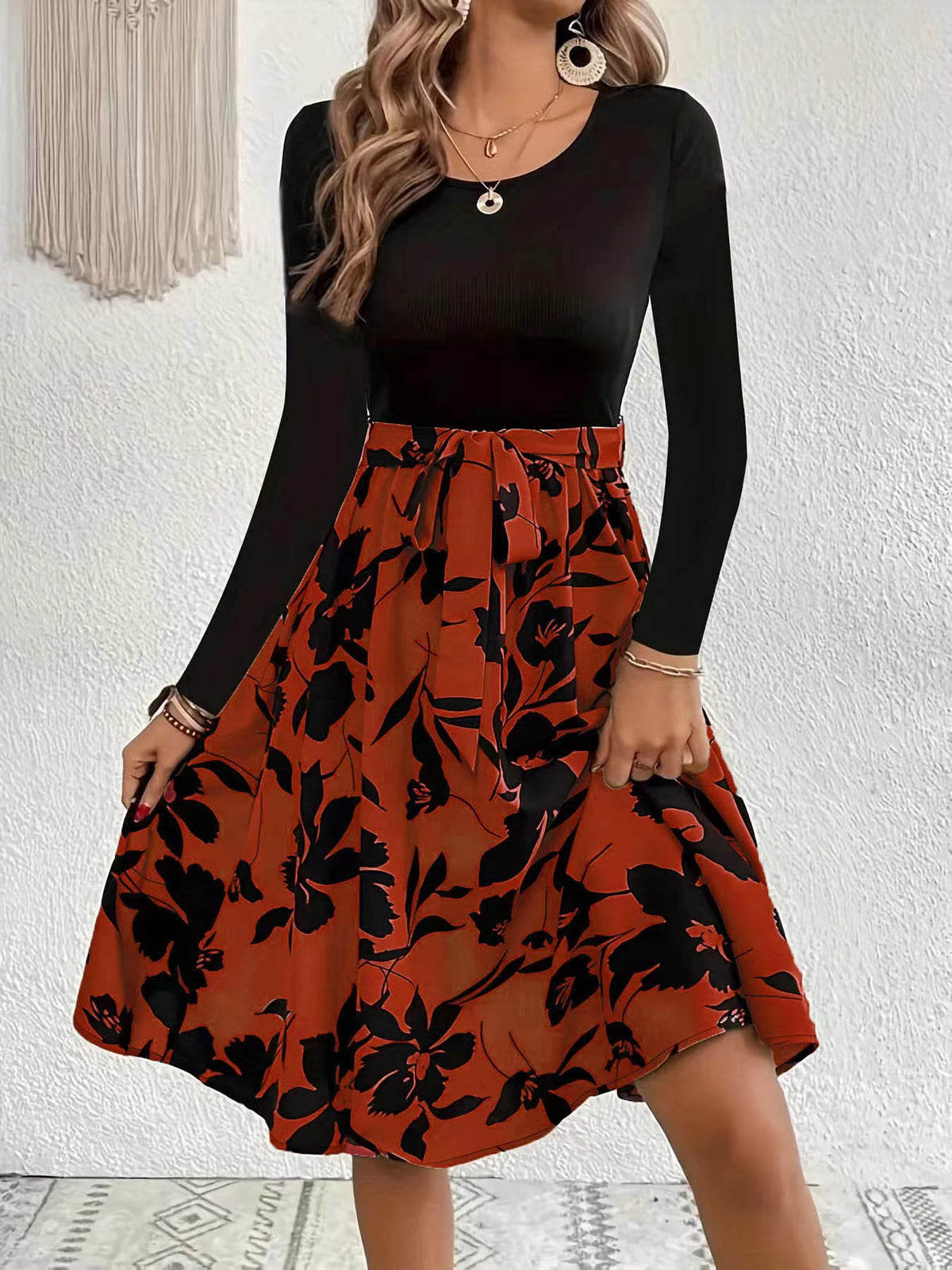Floral Skirt Long Sleeve Flared Midi Dress - WineRed - 2