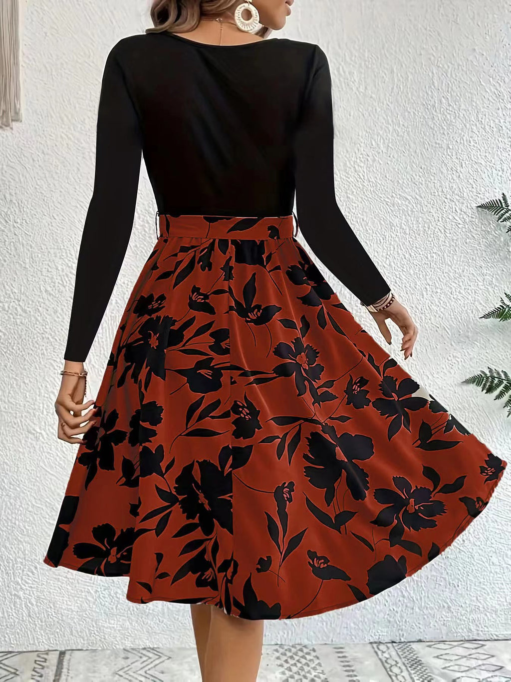 Floral Skirt Long Sleeve Flared Midi Dress - WineRed - 3