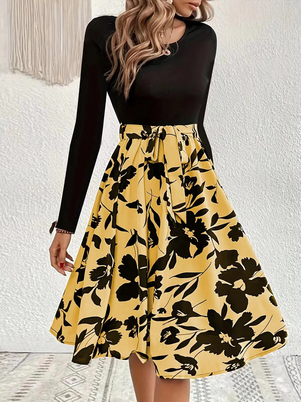 Floral Skirt Long Sleeve Flared Midi Dress - Yellow