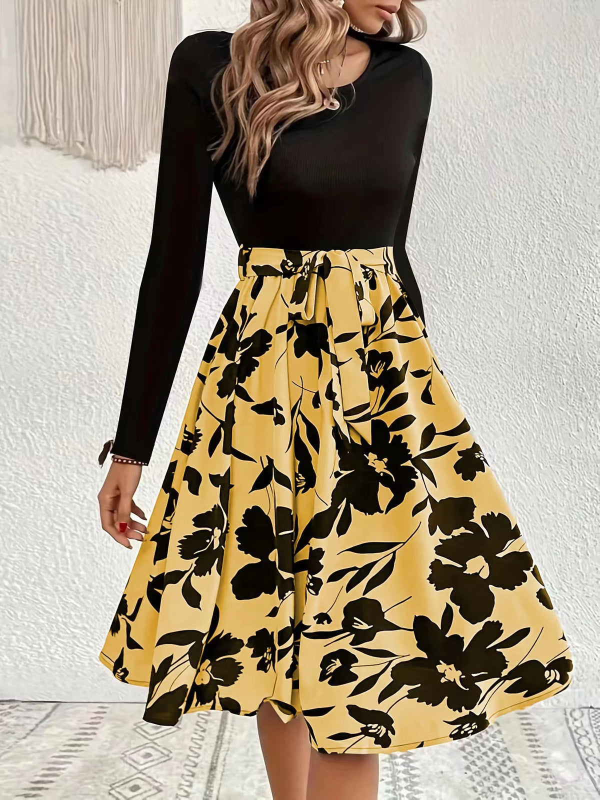 Floral Skirt Long Sleeve Flared Midi Dress - Yellow
