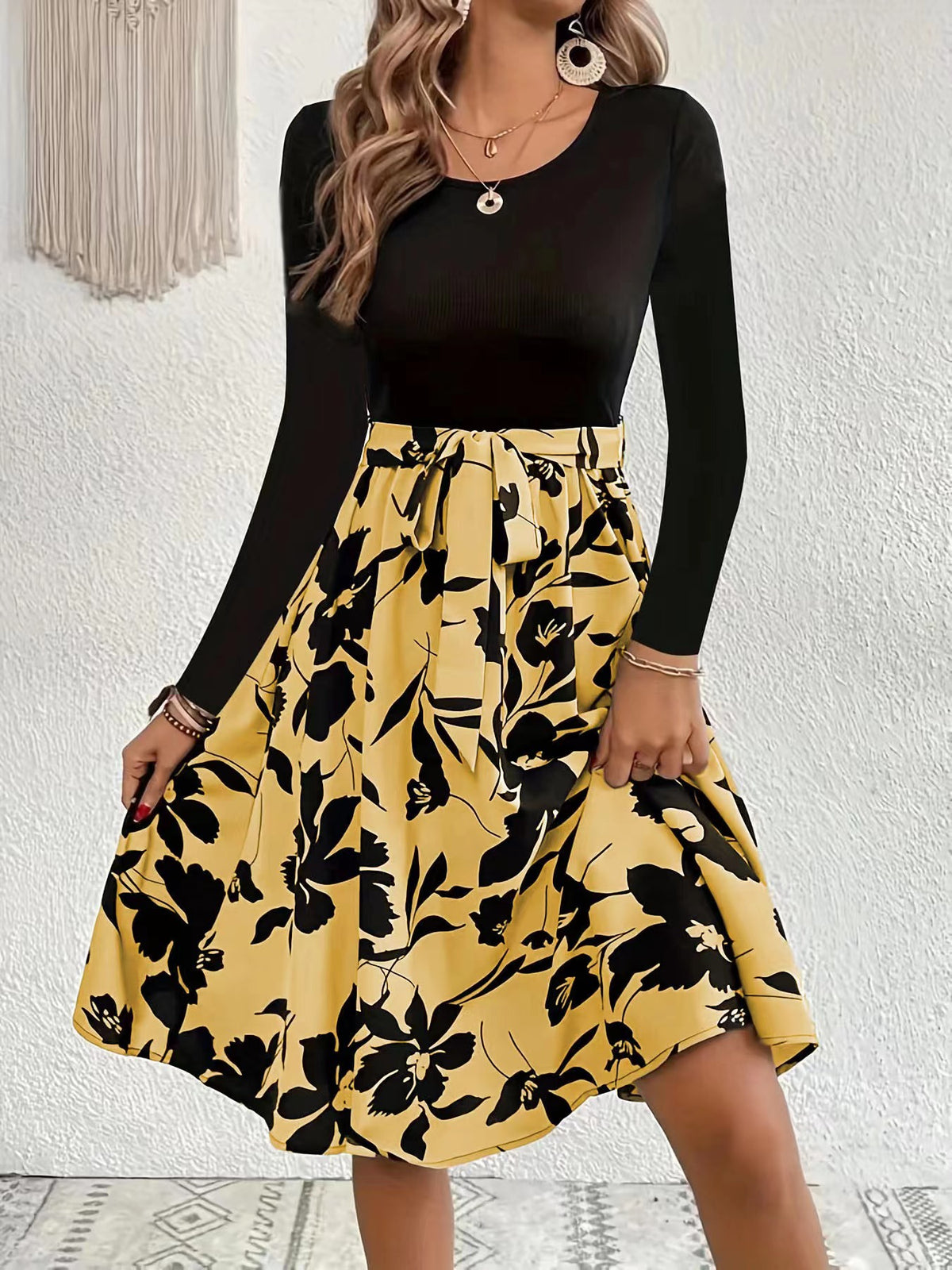 Floral Skirt Long Sleeve Flared Midi Dress - Yellow - 1