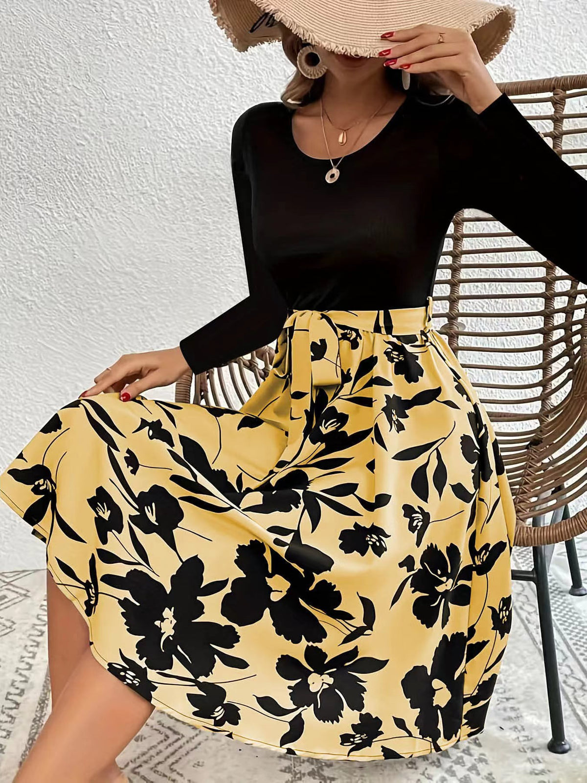 Floral Skirt Long Sleeve Flared Midi Dress - Yellow - 2