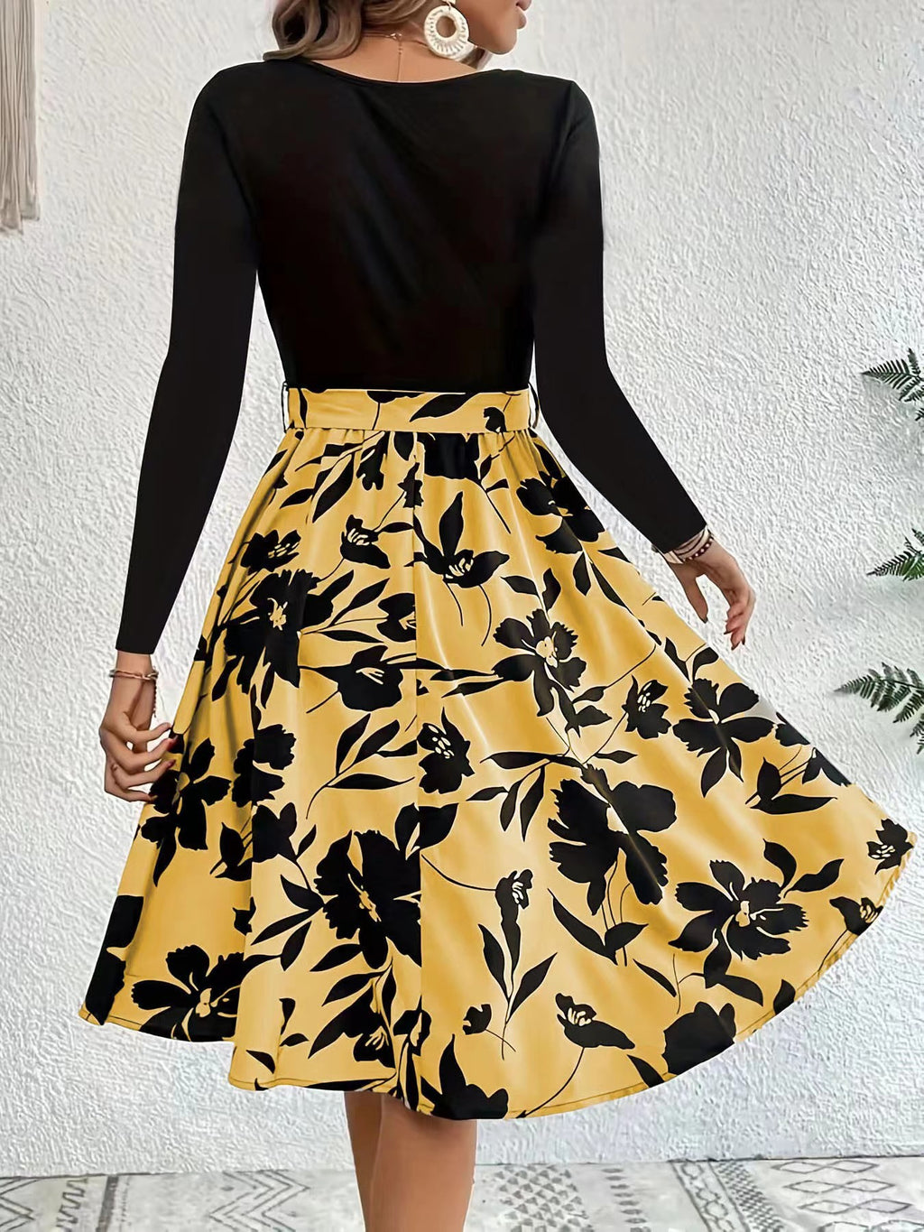 Floral Skirt Long Sleeve Flared Midi Dress - Yellow - 3