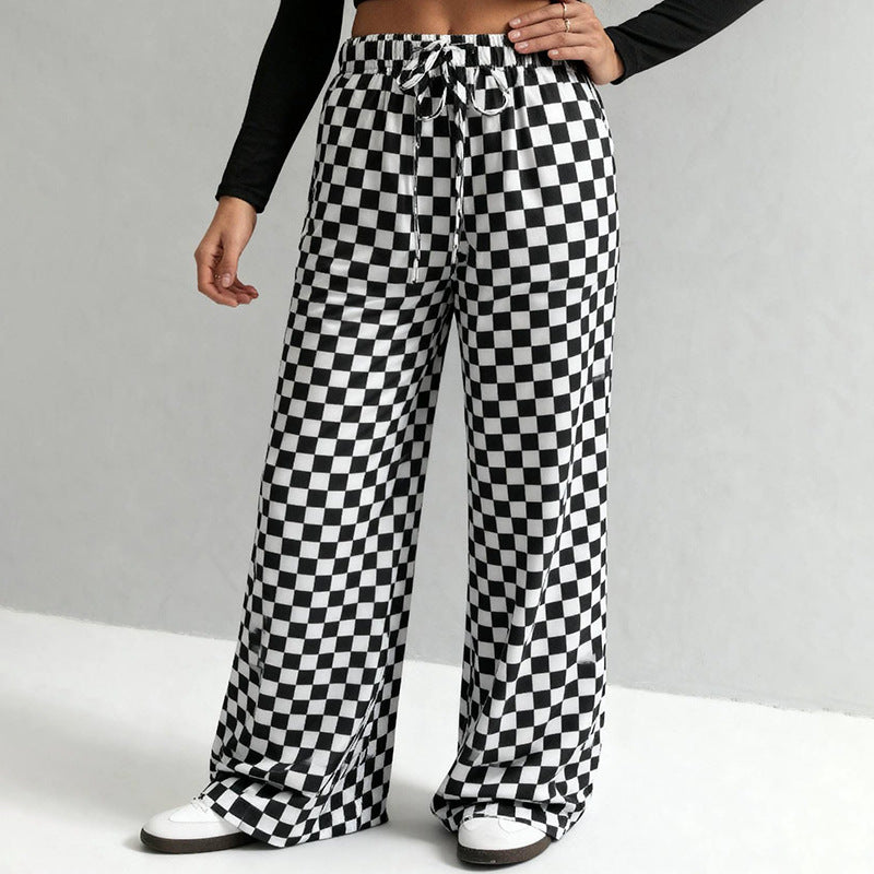 Retro Print Drawstring Elastic Waist Wide Leg Pants - Black