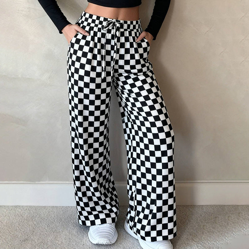 Retro Print Drawstring Elastic Waist Wide Leg Pants - Black - 1