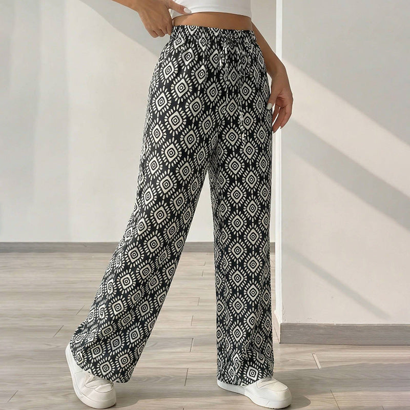 Retro Print Drawstring Elastic Waist Wide Leg Pants - Diamond