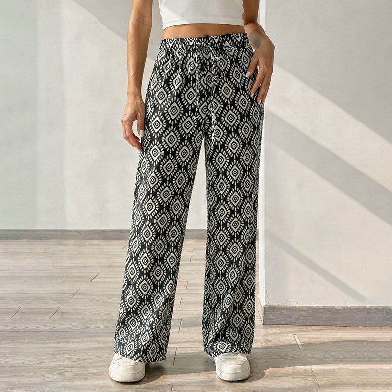 Retro Print Drawstring Elastic Waist Wide Leg Pants - Diamond - 1