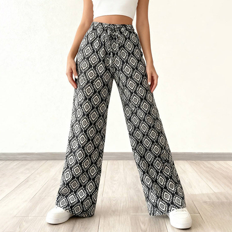 Retro Print Drawstring Elastic Waist Wide Leg Pants - Diamond - 2