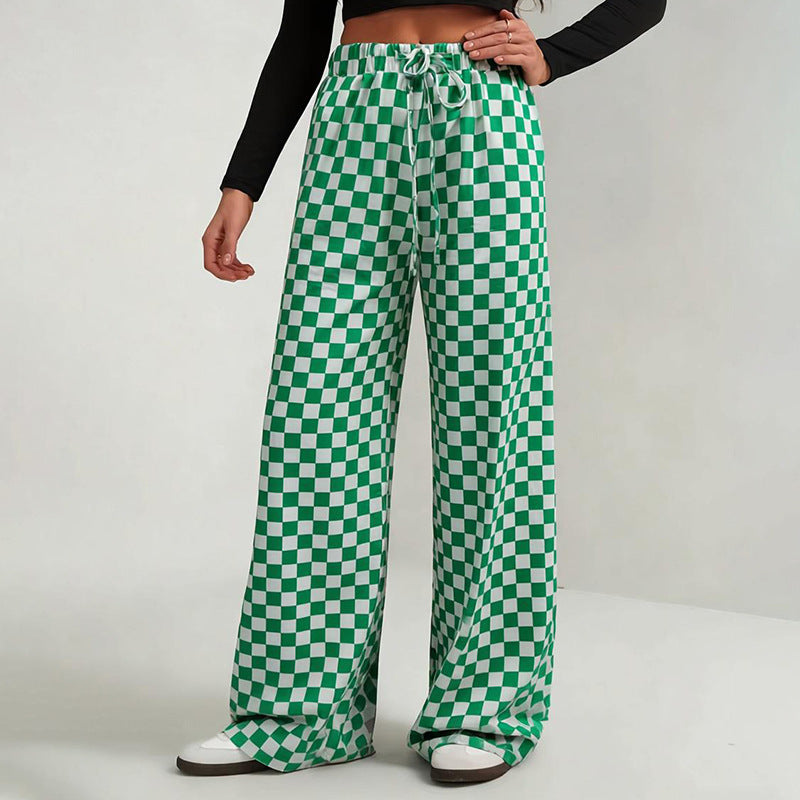 Retro Print Drawstring Elastic Waist Wide Leg Pants - Green