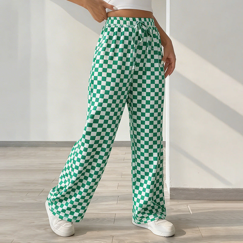 Retro Print Drawstring Elastic Waist Wide Leg Pants - Green - 1